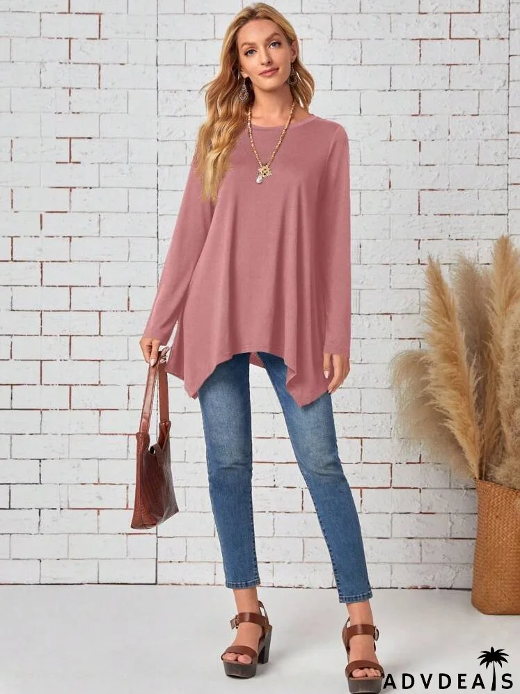 Women'sPlain Round Neck Long Sleeve Asymmetric Hem Casual T-Shirt, Spring & Summer
