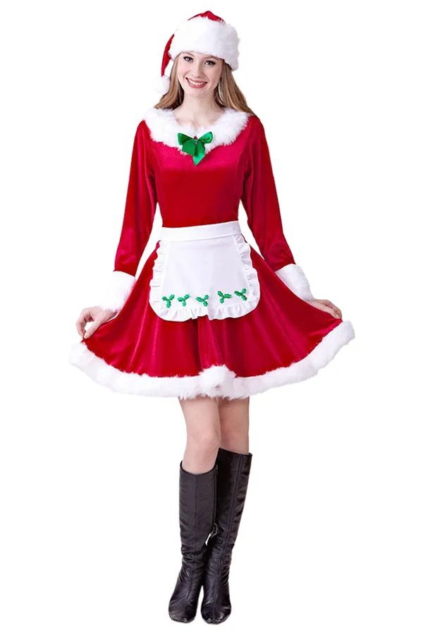 Womens Cute Fur Trim Bow Apron Mrs Claus Christmas Santa Costume Red-elleschic