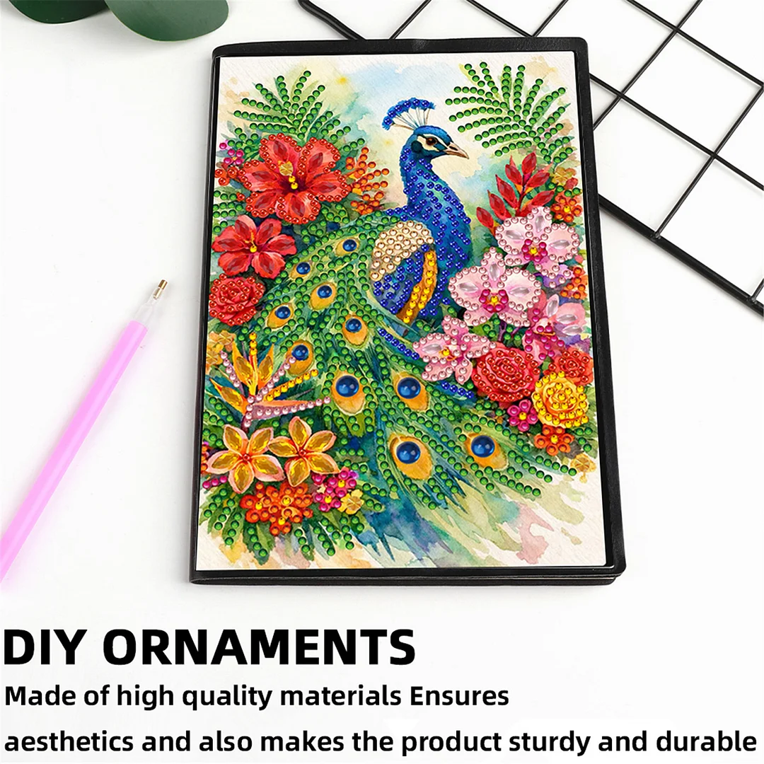 DIY Flower Diamond Painting Journals Notebooks 50 Pages A5 No Lines Special Shaped Diamond Art Kits for Beginners Craft Lovers and Artists (Peacock and Flowers)