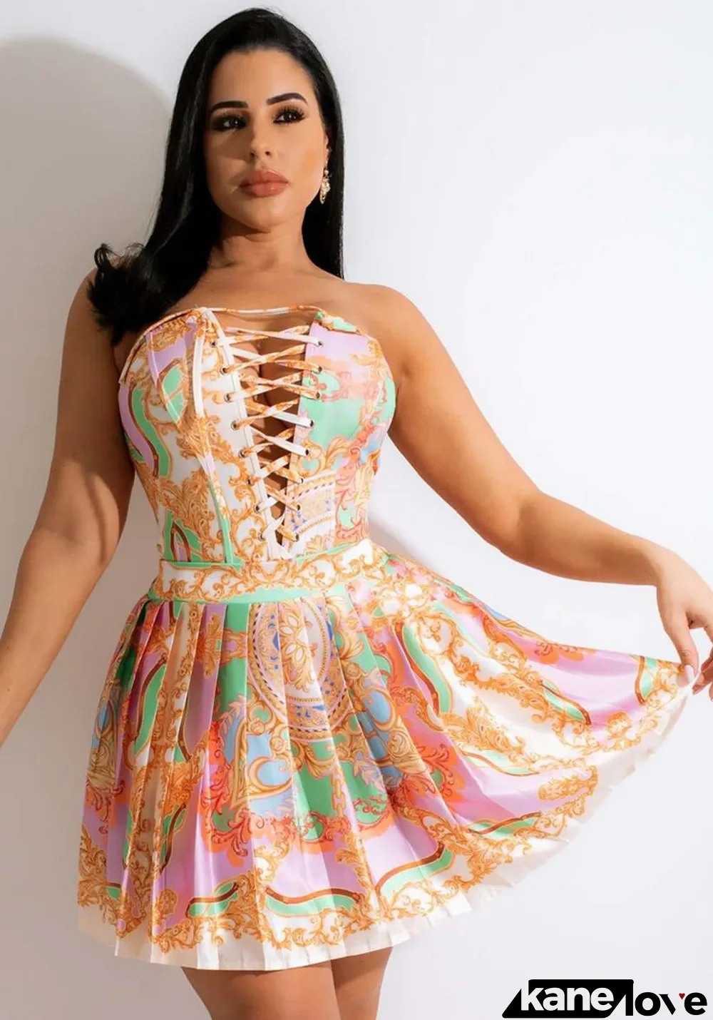 Women Summer Printed Vintage Strapless High Waist Hole Regular MiniTwo Piece Skirt Set