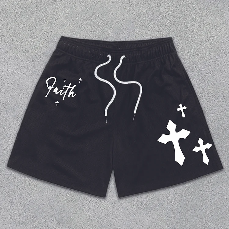 Faith Cross Graphic Print Mesh Shorts