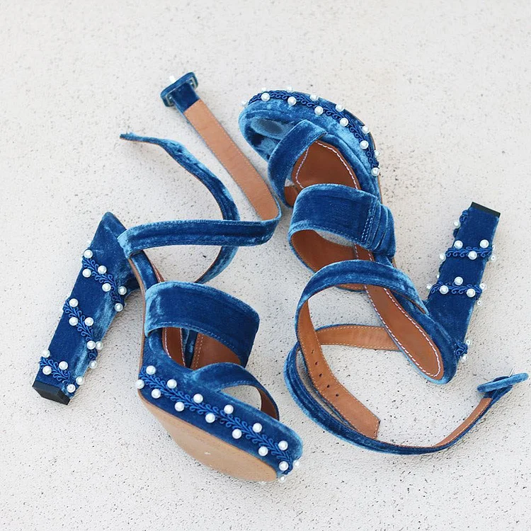 Navy Velvet Pearl Platform Chunky Heel Sandals |FSJ Shoes