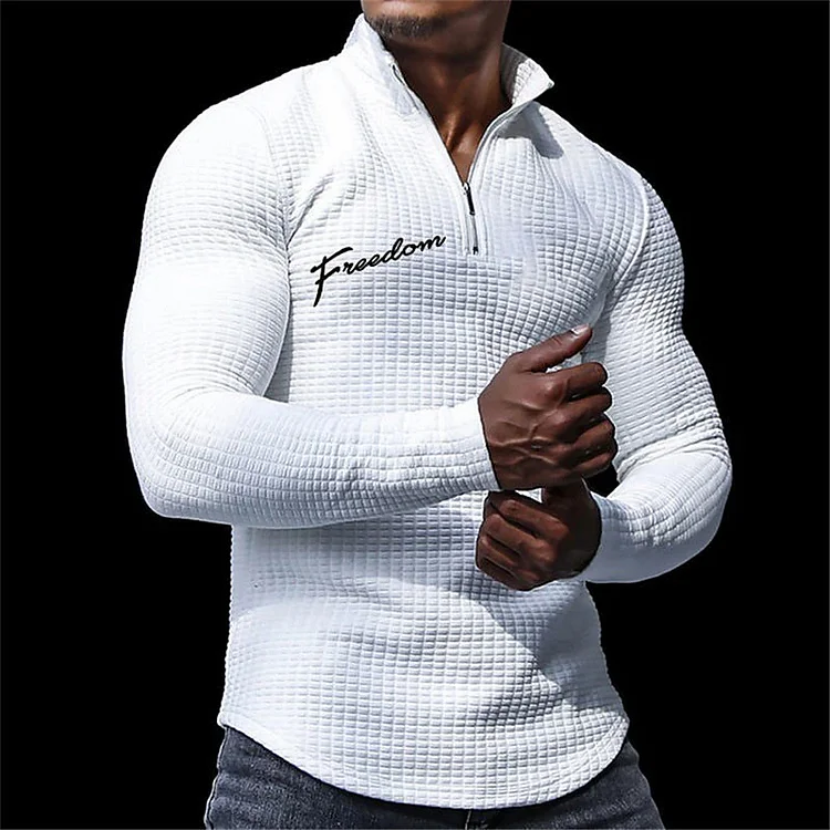 Sporty Stand Collar Zipper Waffle Long Sleeve Polo Shirt