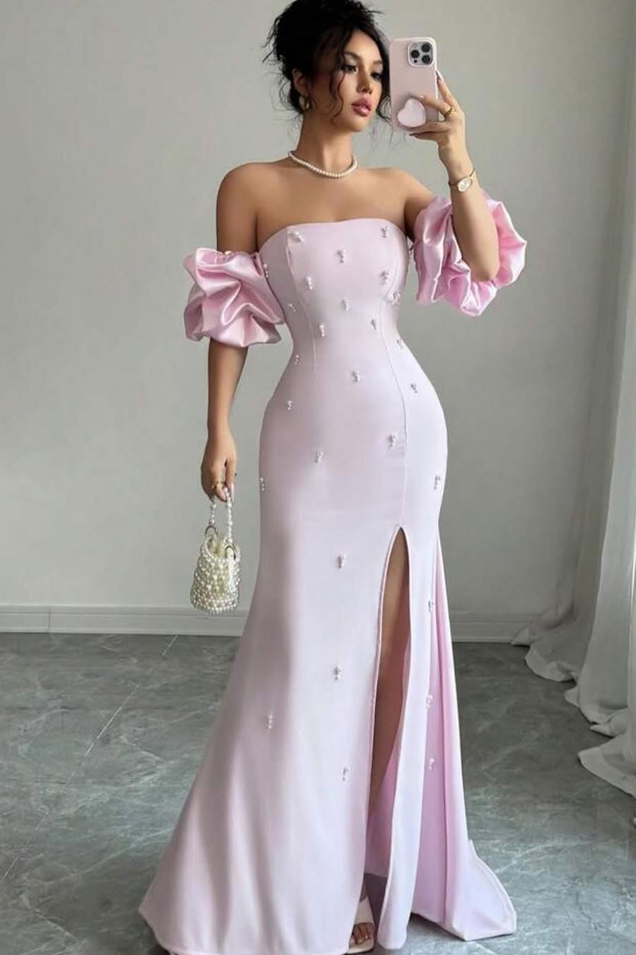 Lussooy Chic Strapless Pink Bubble Sleeves Beaded Split Prom Dress with Pearl 