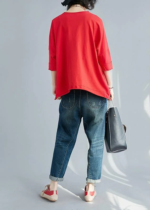 diy red cotton tunic top Plus Size Sleeve o neck patchwork Dresses Summer shirts