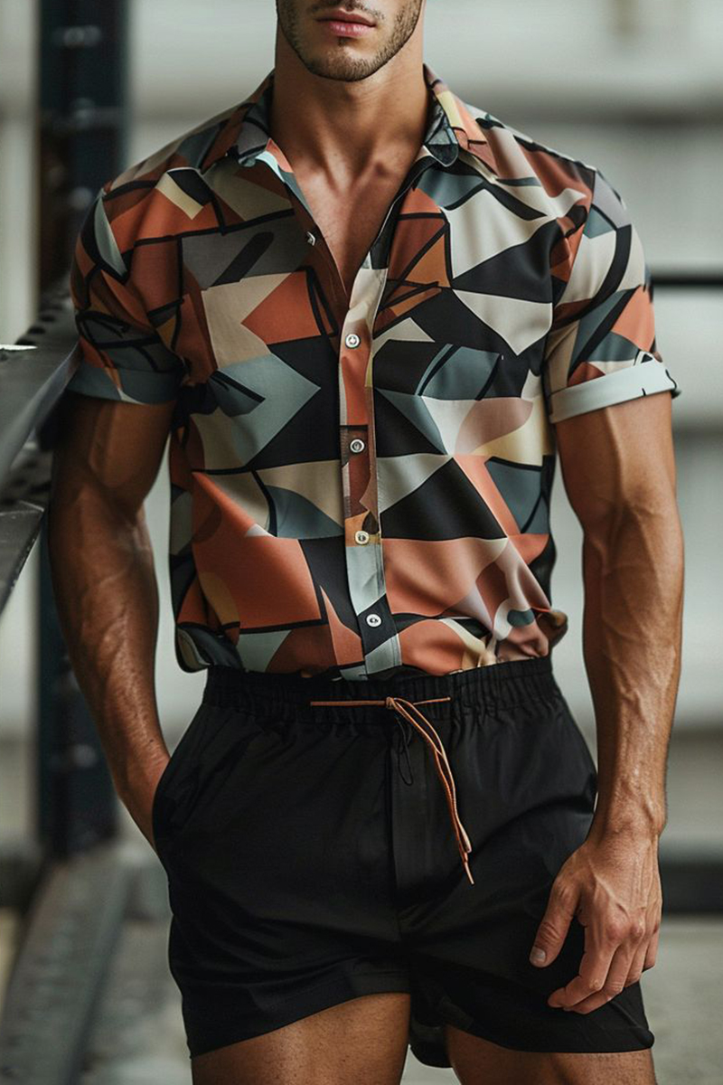 Multicolor Geometric Print Slim-Fit Short Sleeve Shirt
