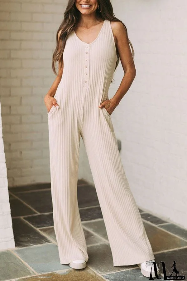 MidiSono - Apricot Sleeveless Buttoned Ribbed Wide Leg Jumpsuit with Pockets