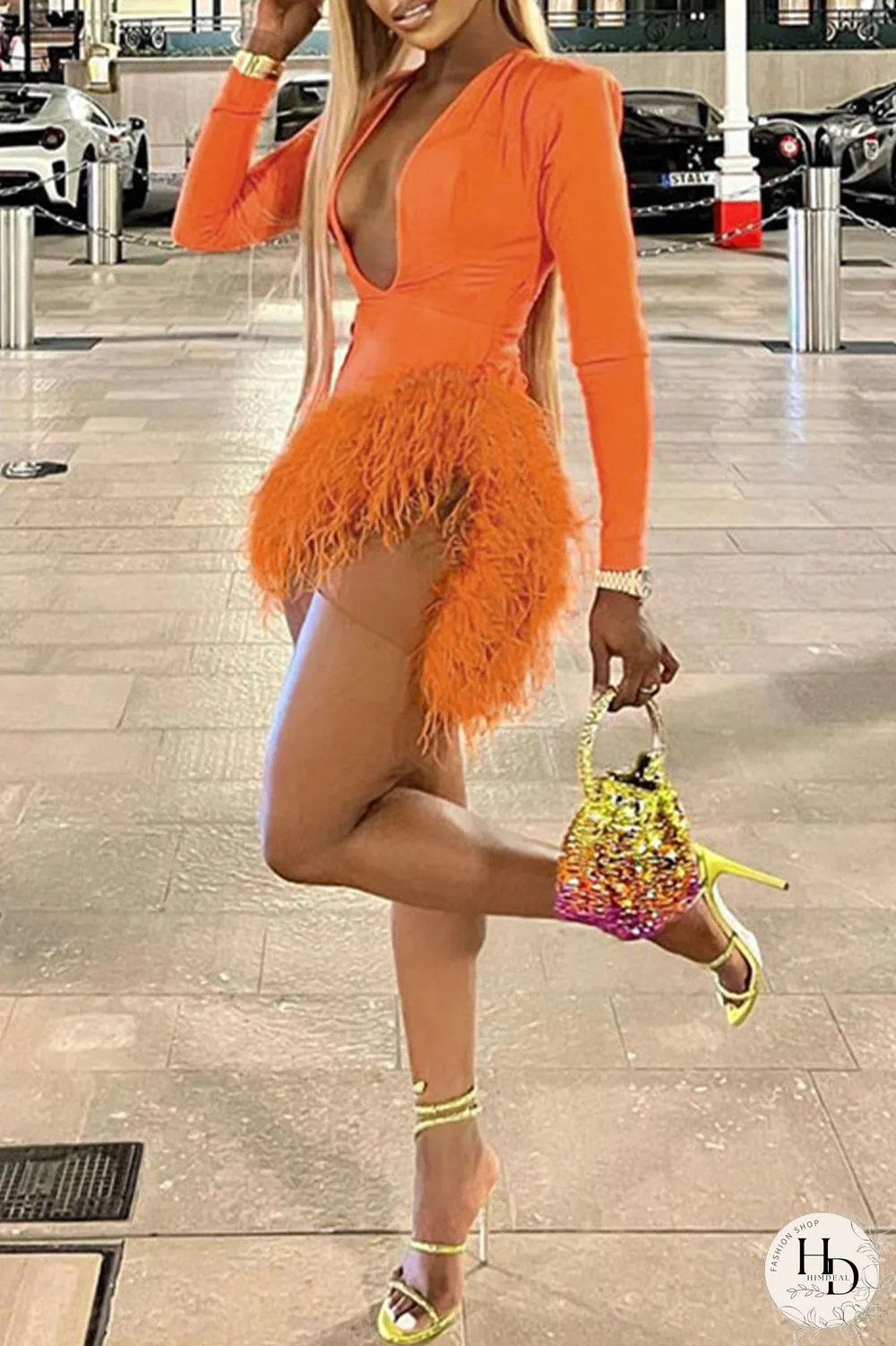 Orange Sexy Solid Patchwork Feathers Asymmetrical V Neck Pencil Skirt Dresses