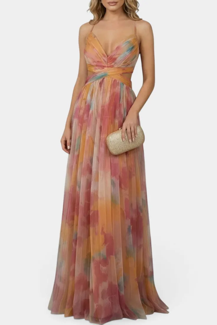 Watercolor Print V-Neck Maxi Dress with Cutout Waist