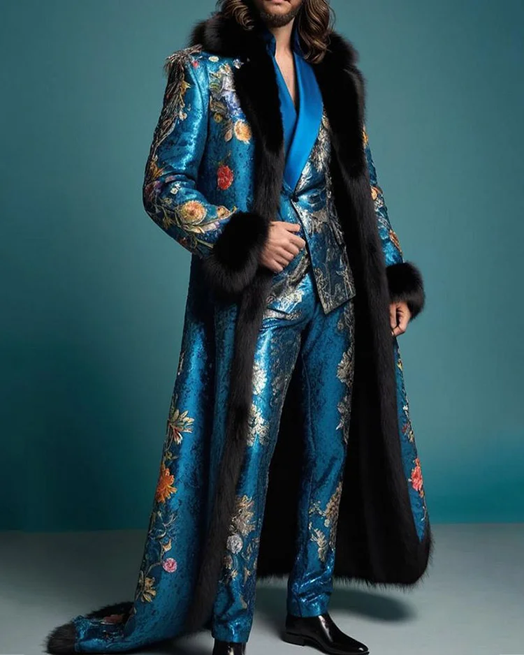 Men's Stylish Floral Embroidered Mink  Long Sleeve Coat