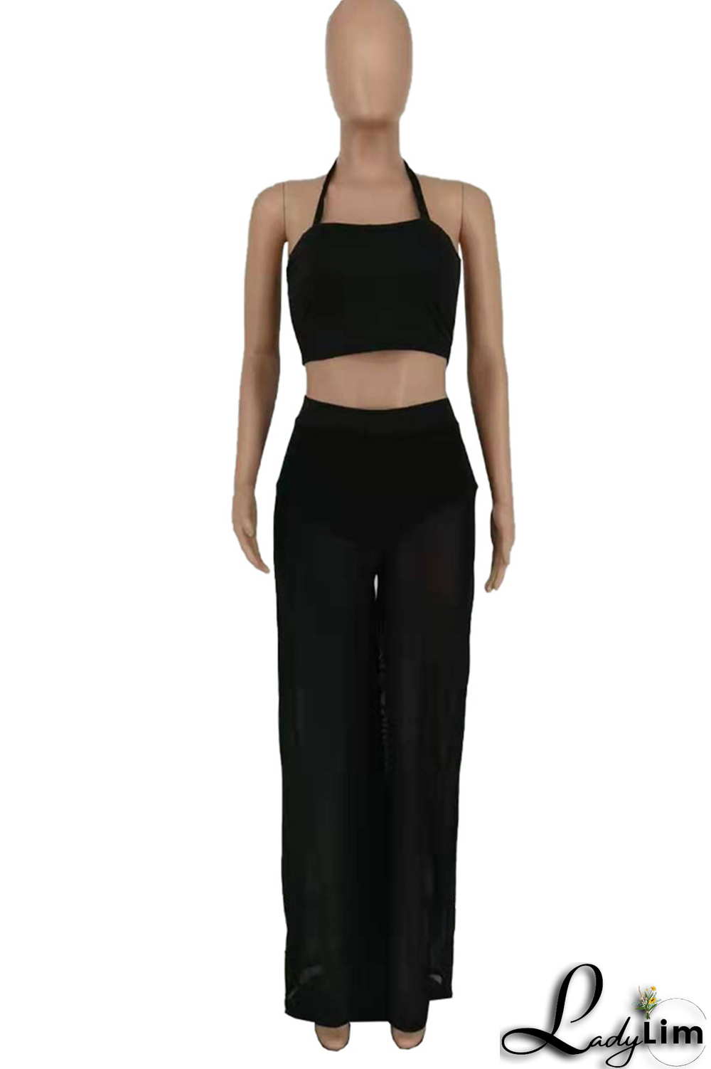 Red Fashion Solid Mesh Halter Sleeveless Two Pieces