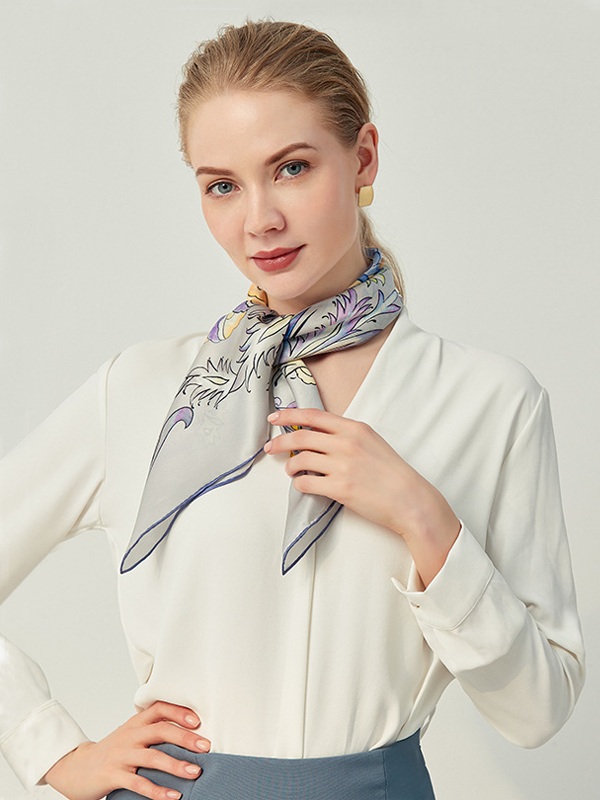 Gray Silk Scarf Graceful Flowers Style