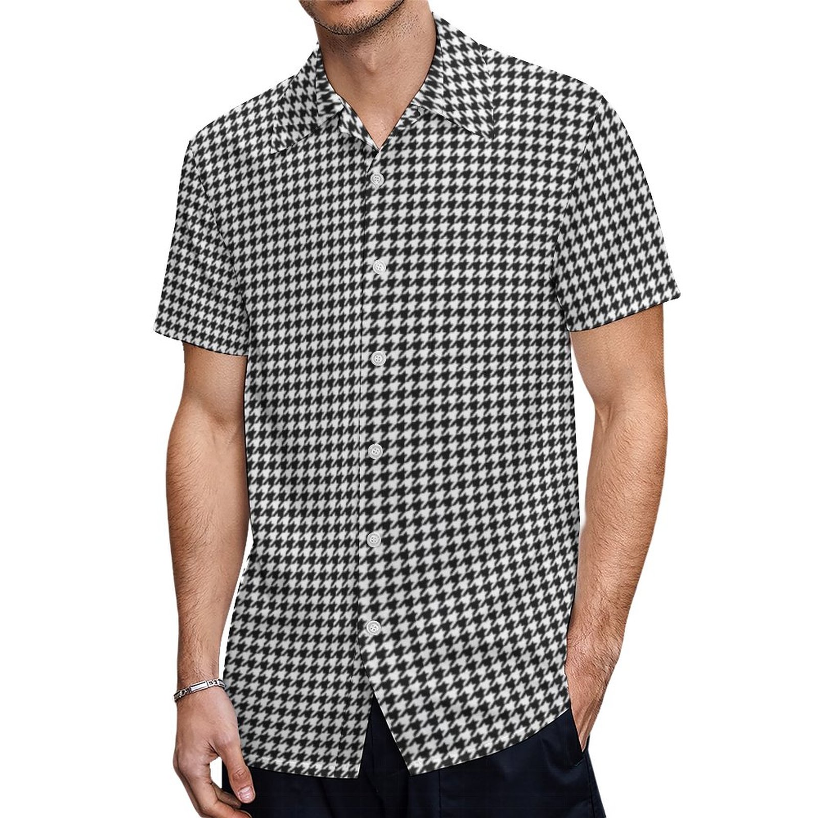 Customizable Background Color Houndstooth Pattern Hawaiian Shirt Mens Button Down Tropical Hawaii Beach Shirts