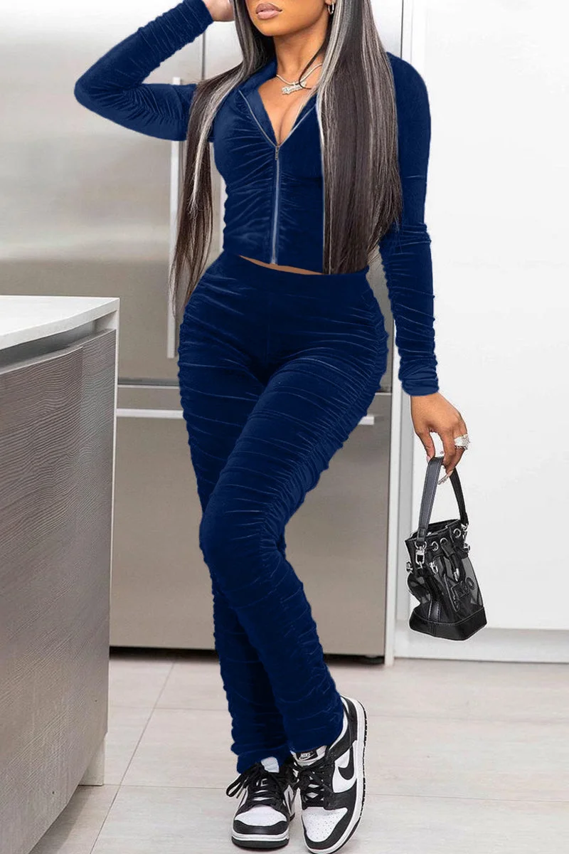 Fashion Casual Solid Fold Hooded Collar Long Sleeve Two Pieces