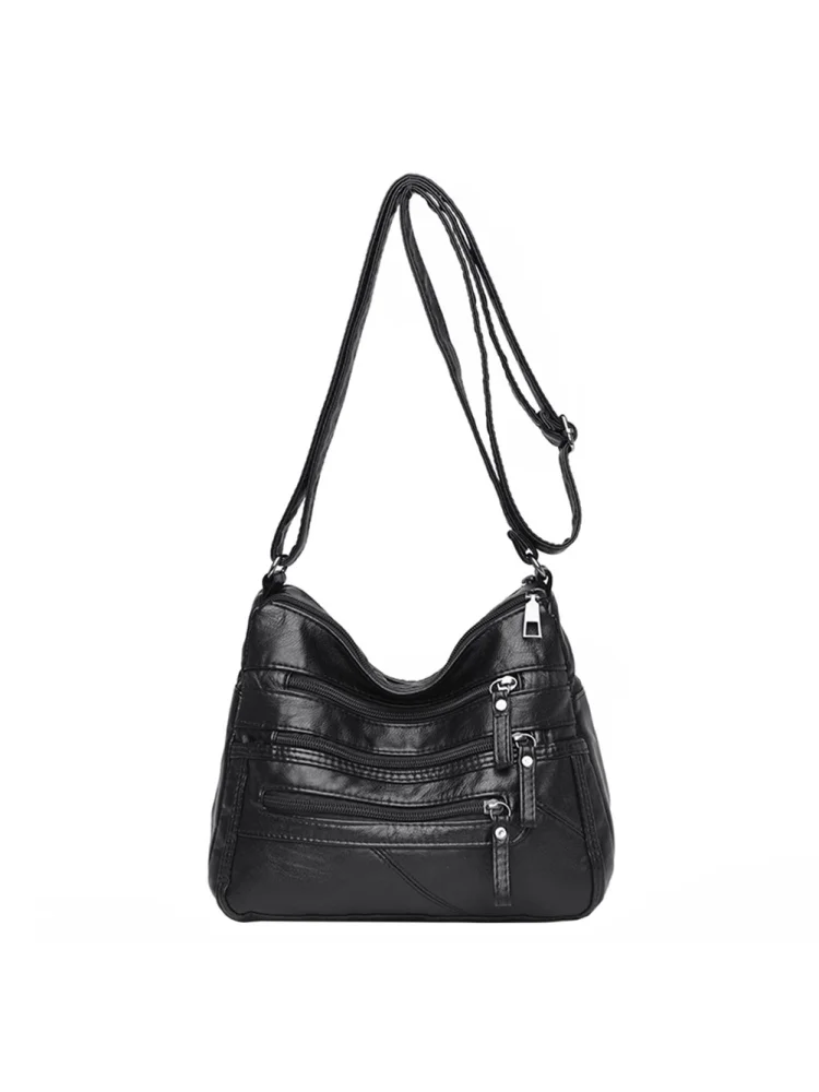Casual Multi-zipper Shoulder Handbag Solid PU Women Crossbody Bag (Black)
