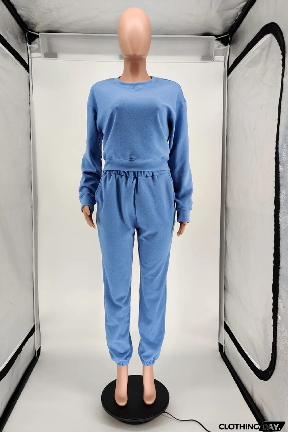 Blue Casual Solid Long Sleeve Two Pieces