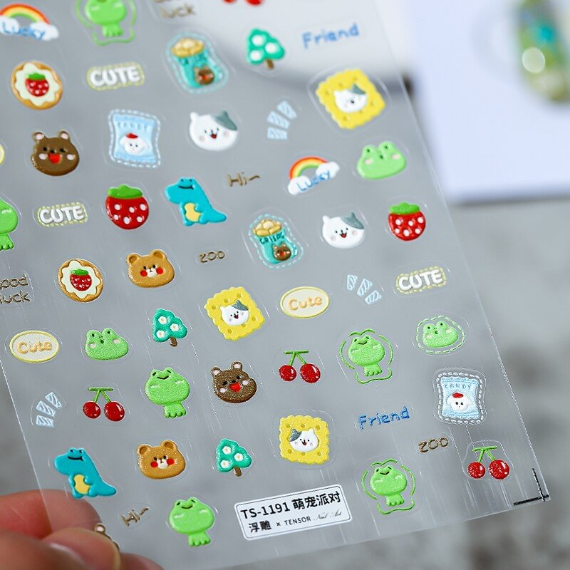 Applyw Lovely Cake Bear Rabbit Cartoon Soft Reliefs Self Adhesive Nail Art Decoration Stickers 3D Nail Decals Wholesale Dropshipping