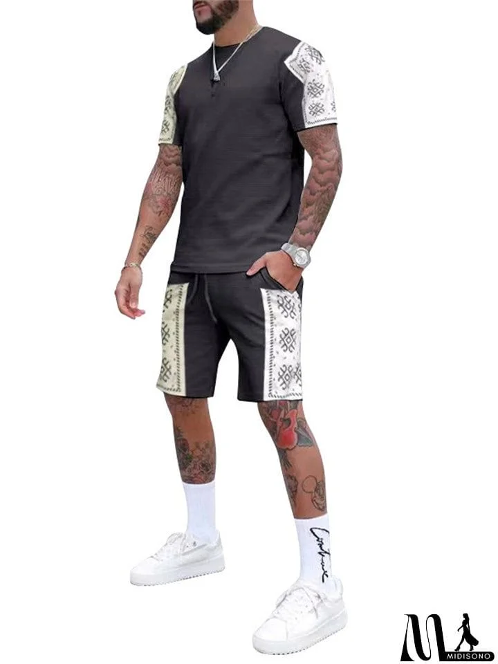 MidiSono - Short Sleeves Shirt Drawstring Shorts Two Pieces Leisure Sports Men's Suits