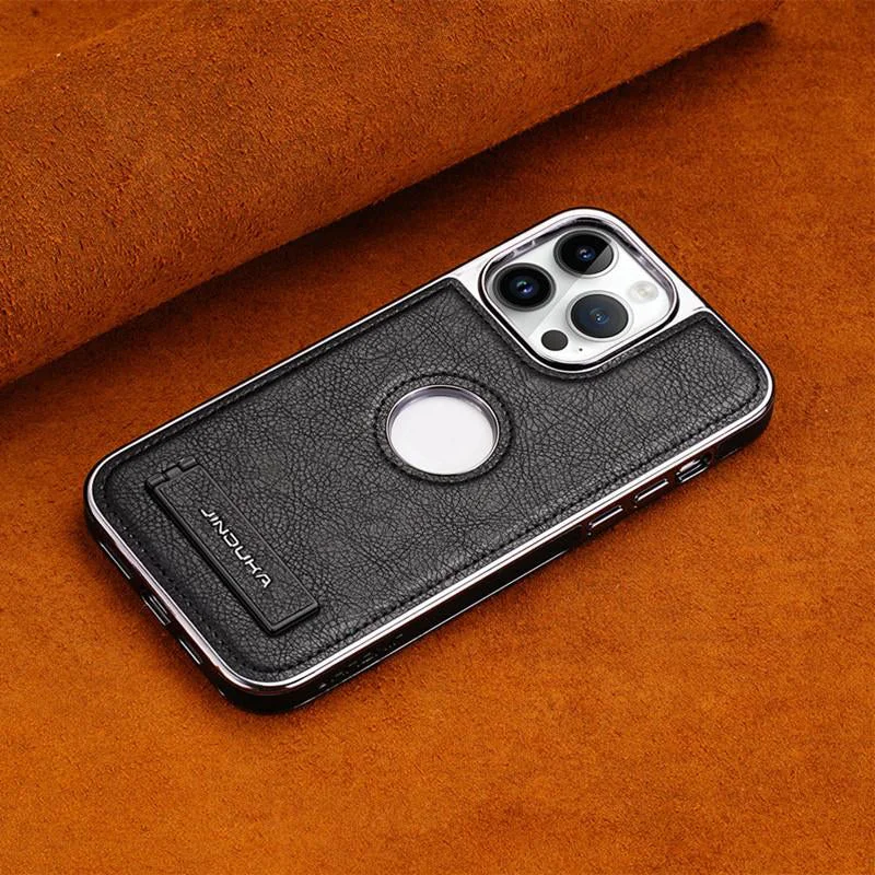 Invisible mobile phone case with galvanised bezel and leather protector