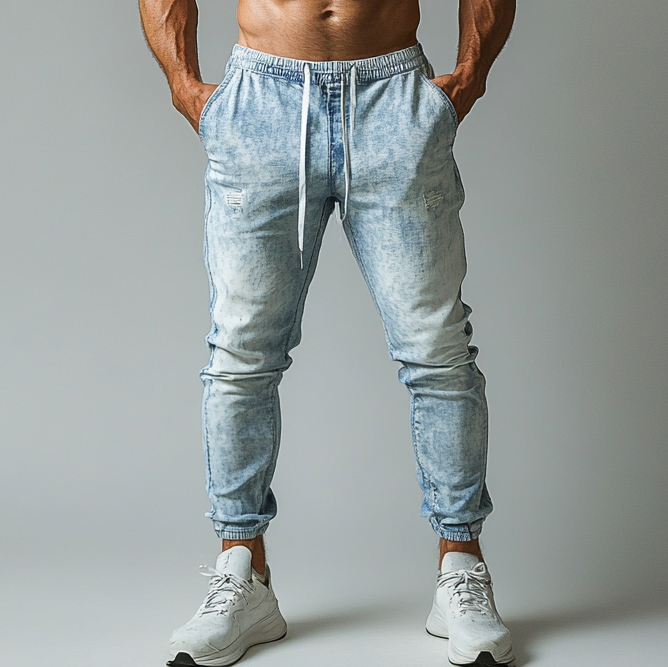 Men's Washed Denim Drawstring Slant Pocket Jogger Jeans