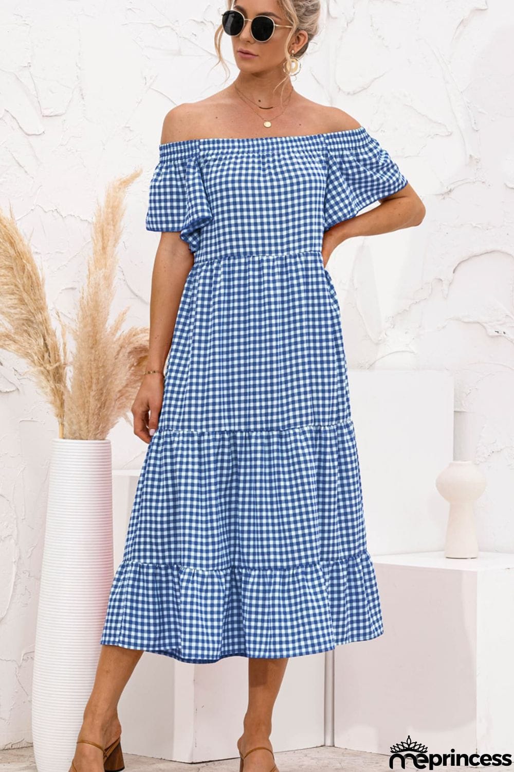 Gingham Off-Shoulder Tiered Midi Dress