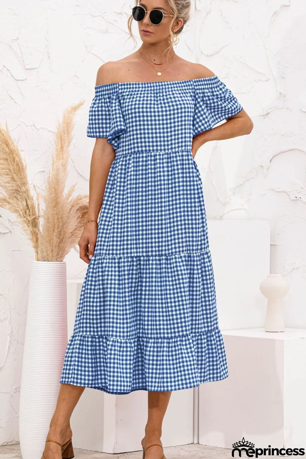 Gingham Off-Shoulder Tiered Midi Dress