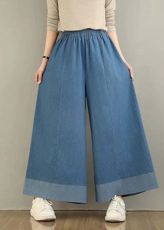 Classy Blue Elastic Waist Denim Wide Leg Pants Summer