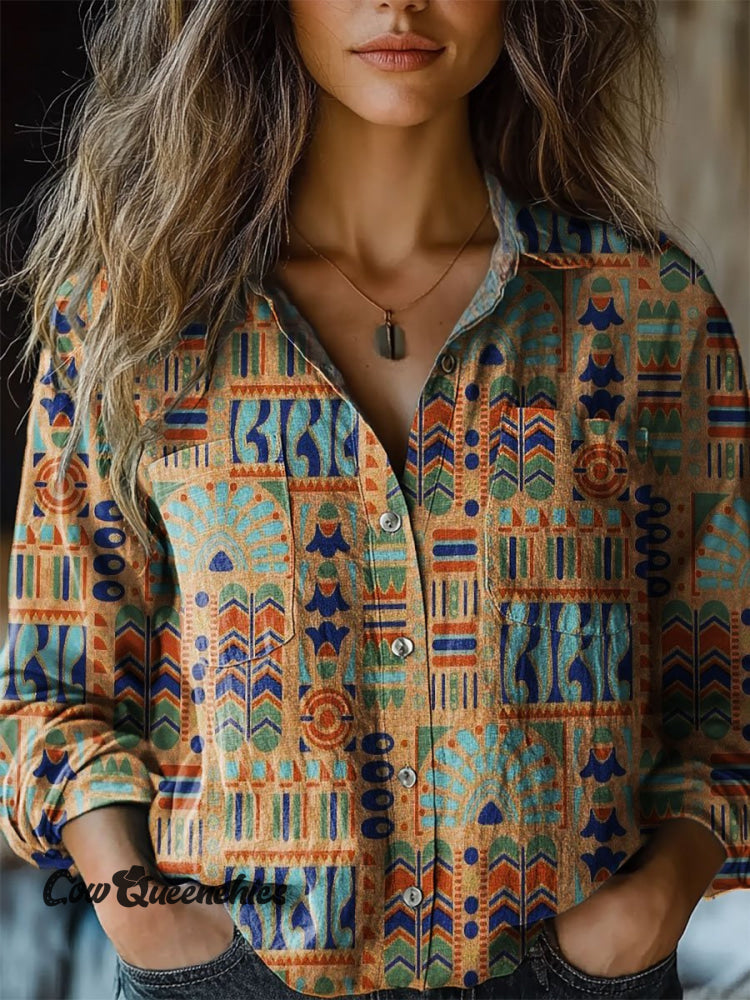 Women’s Aztec Pattern Art Print Casual Long Sleeve Comfortable Cotton Shirt Multicolor / S