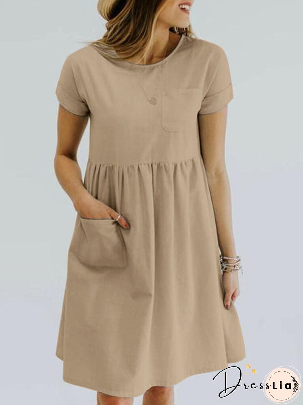 Solid Pocket Ruched Roll Short Sleeve Casual Midi Dress