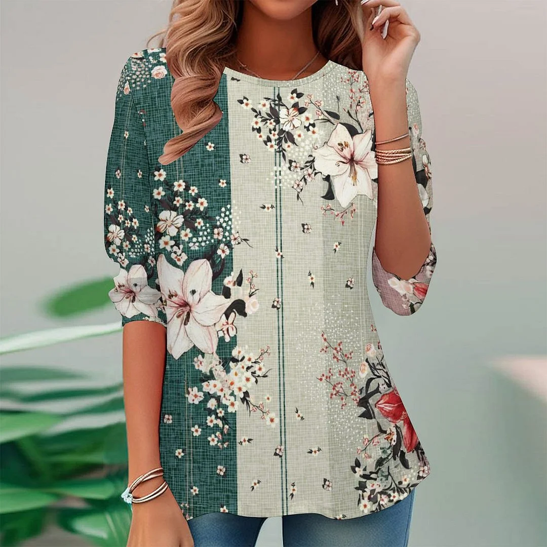 Vintage Printed Long Sleeve Plus Size Tunic for  Women and Men Unisex Pattern Floral,Pink,Green,Stitch