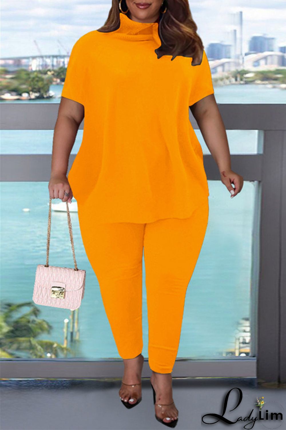 Pink Fashion Casual Solid Basic Turtleneck Short Sleeve Two Pieces