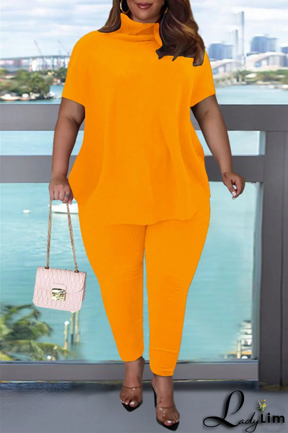 Pink Fashion Casual Solid Basic Turtleneck Short Sleeve Two Pieces