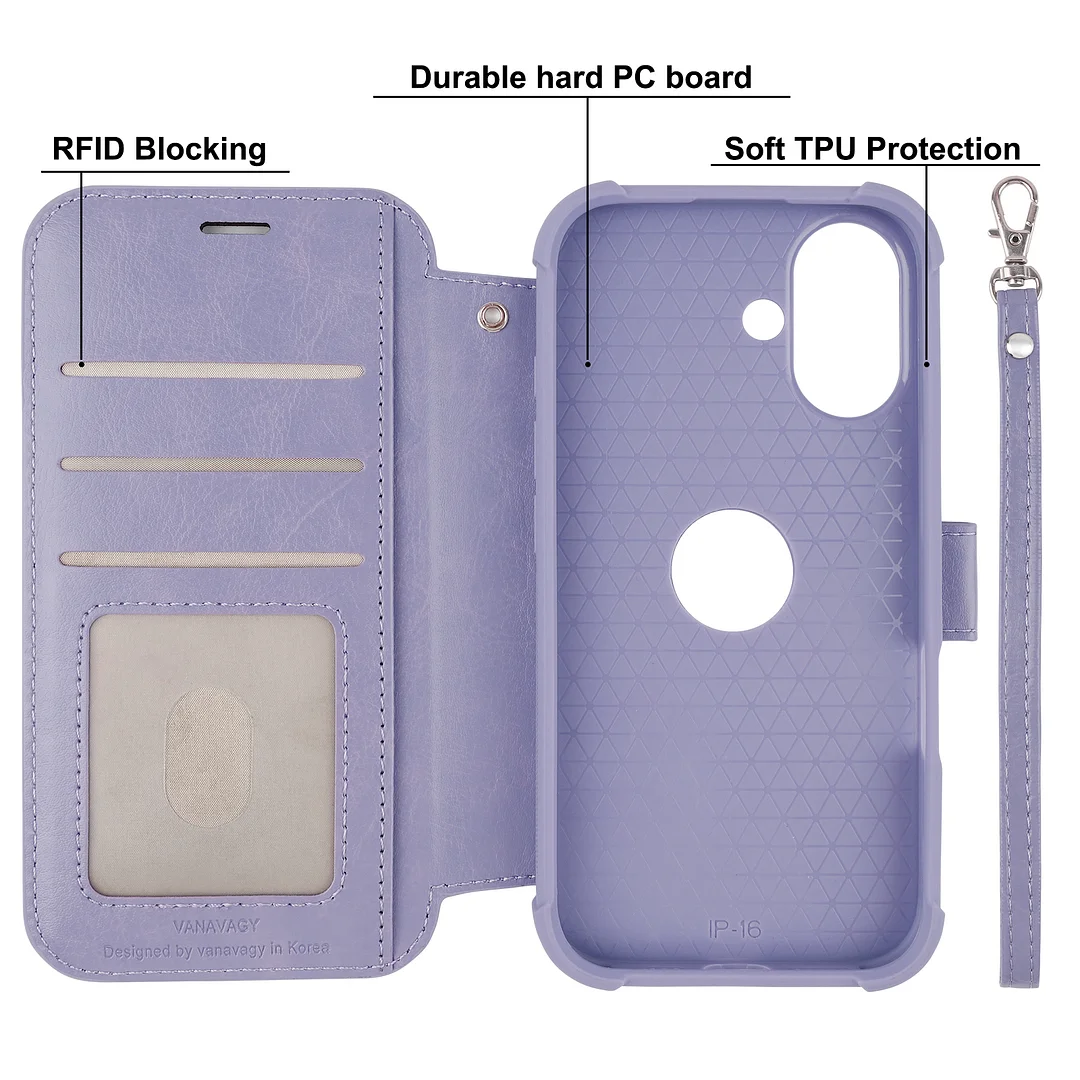 VANAVAGY Compatible for iPhone 16 Wallet Case for Magsafe Wireless Charging,Leather Flip Folio Wrist [Glass Screen Protectors & Camera Lens Protectors] with RFID Block Card Holder