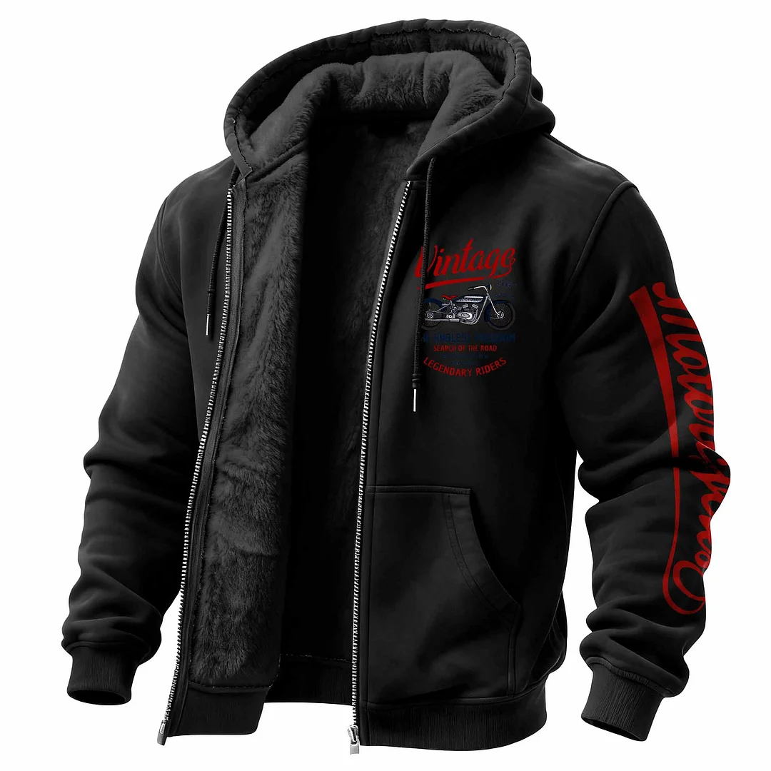 Men's Vintage Motorcycle Fleece Pocket Full Zip Long Sleeve Hoodie Jacket