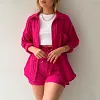Women's Wrinkled Fabric Casual Long Sleeve Shirt High Waist Drawstring Shorts Two-piece Set