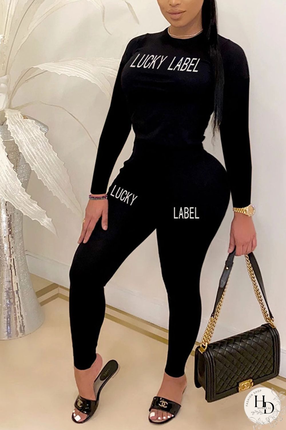 Black Daily Letter Split Joint O Neck Long Sleeve Regular Sleeve Two Pieces