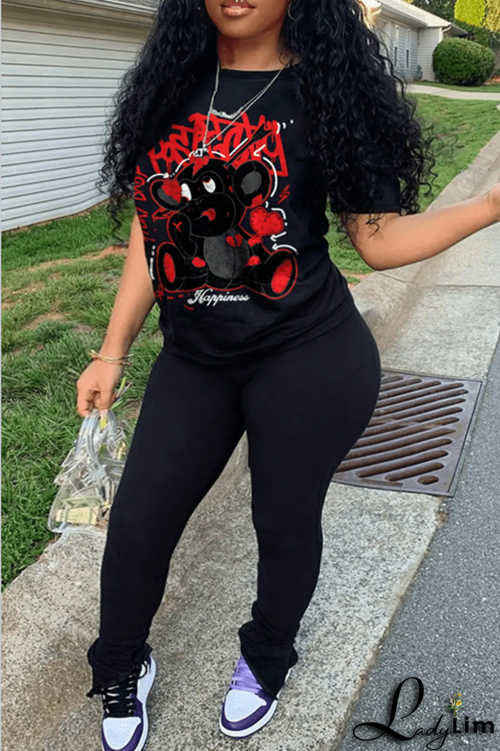 Black Casual Daily Print Patchwork O Neck T-Shirts