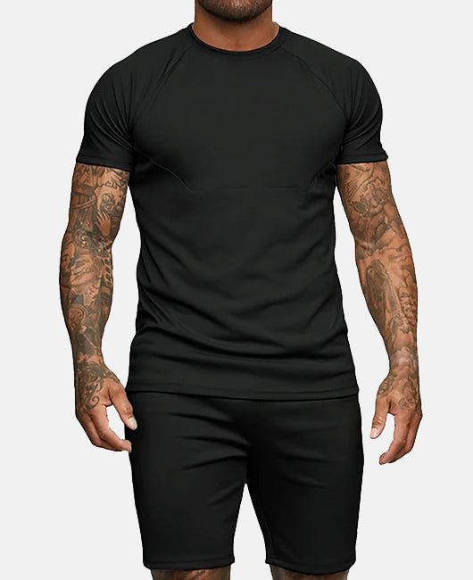 Casual Plain Round Neck Spliced Short Sleeve T-Shirt & Shorts 2Pcs Set