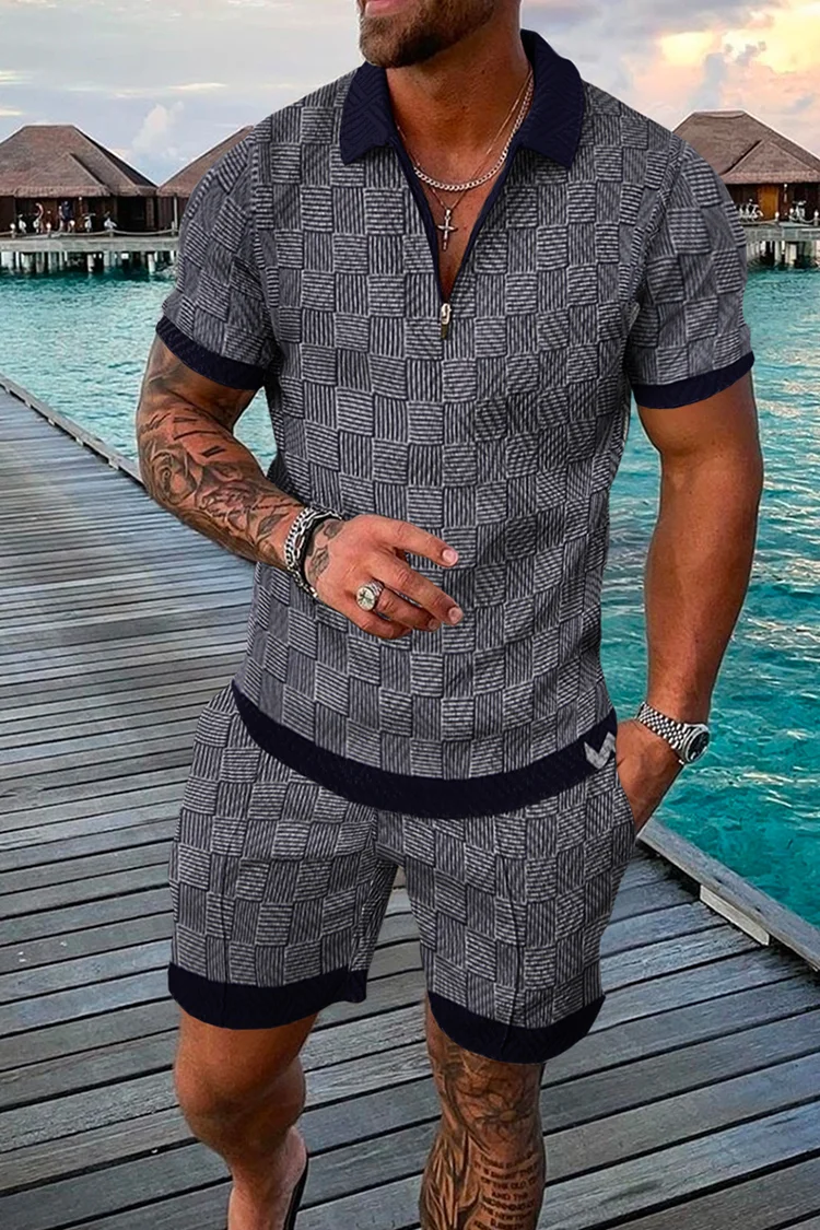 BrosWear Men's Casual Rattan Pattern Print Short Sleeve Polo Shirt and Shorts Two Piece Set