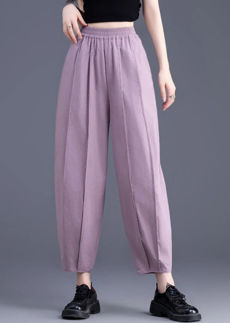 Women Purple Pockets Patchwork Elastic Waist Cotton Crop Pants Fall