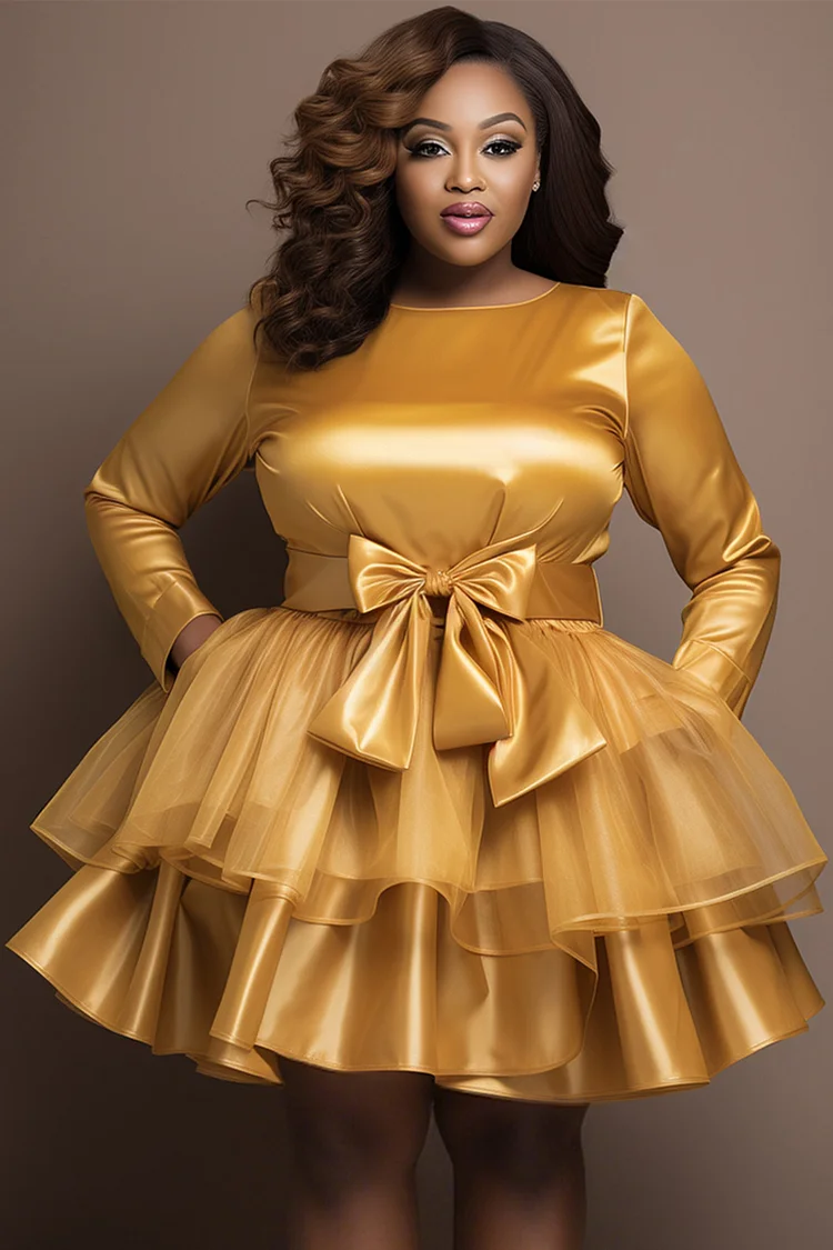 Xpluswear Design Plus Size Prom Gold Round Neck Long Sleeve Ruffle Elegant Bow Tie Organza Satin Mini Dresses [Pre-Order]
