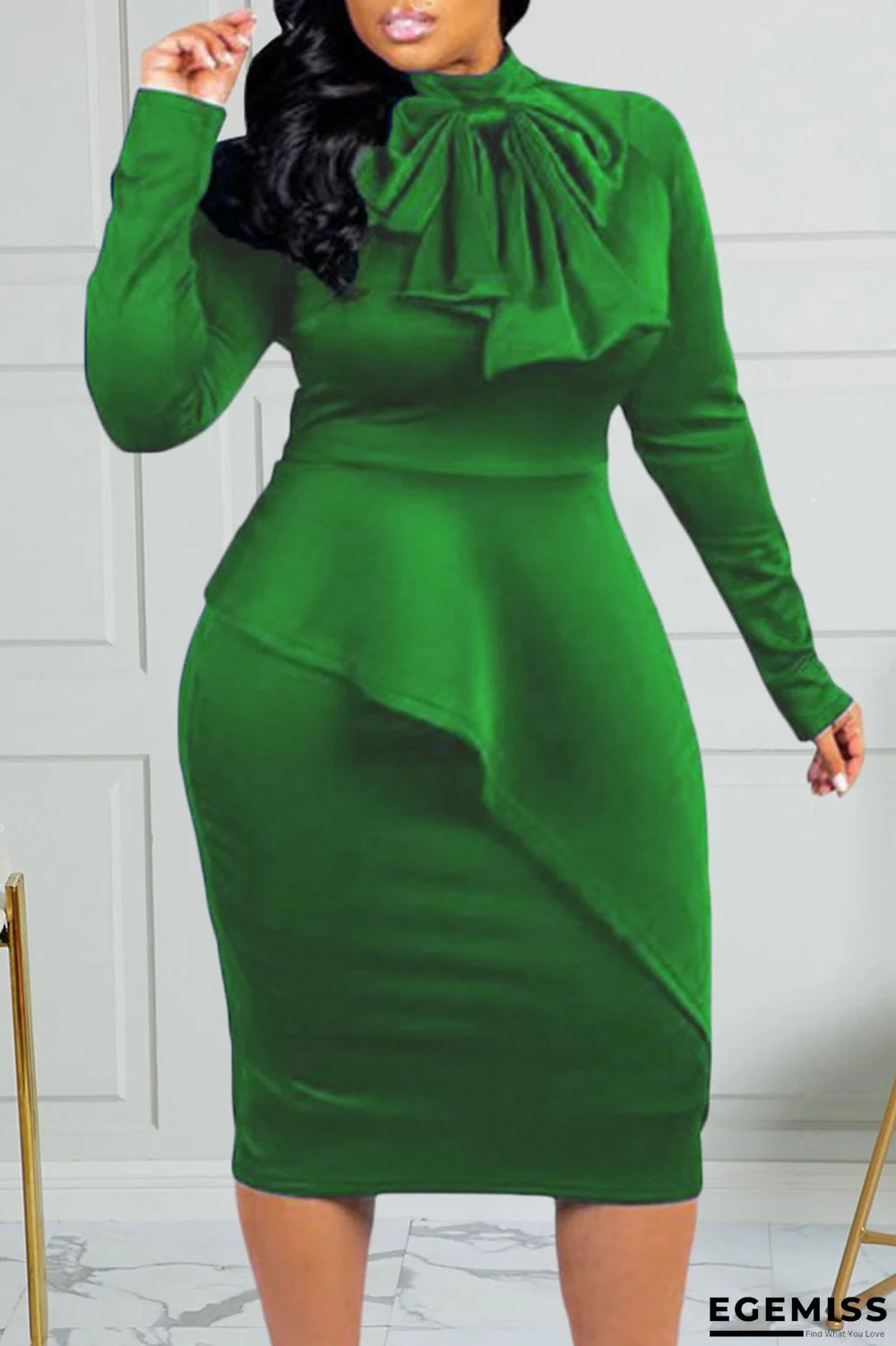 Green Fashion Casual Solid Patchwork With Bow Half A Turtleneck Long Sleeve Plus Size Dresses | EGEMISS