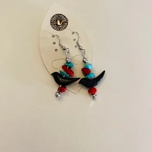 pornhint Pornhint Zuni Fetish Carved Animal Blackbird Earrings, Black Onyx, Turquoise, Red Coral