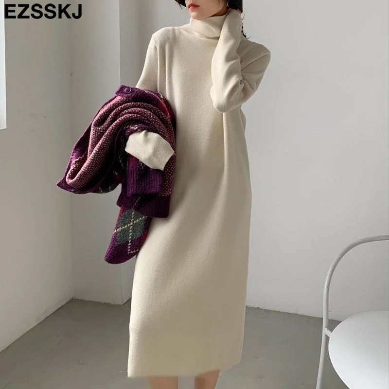 2021 Casual autumn winter Pile collar thick maxi weater pullovers dress Women basic loose sweater female turtleneck long dress