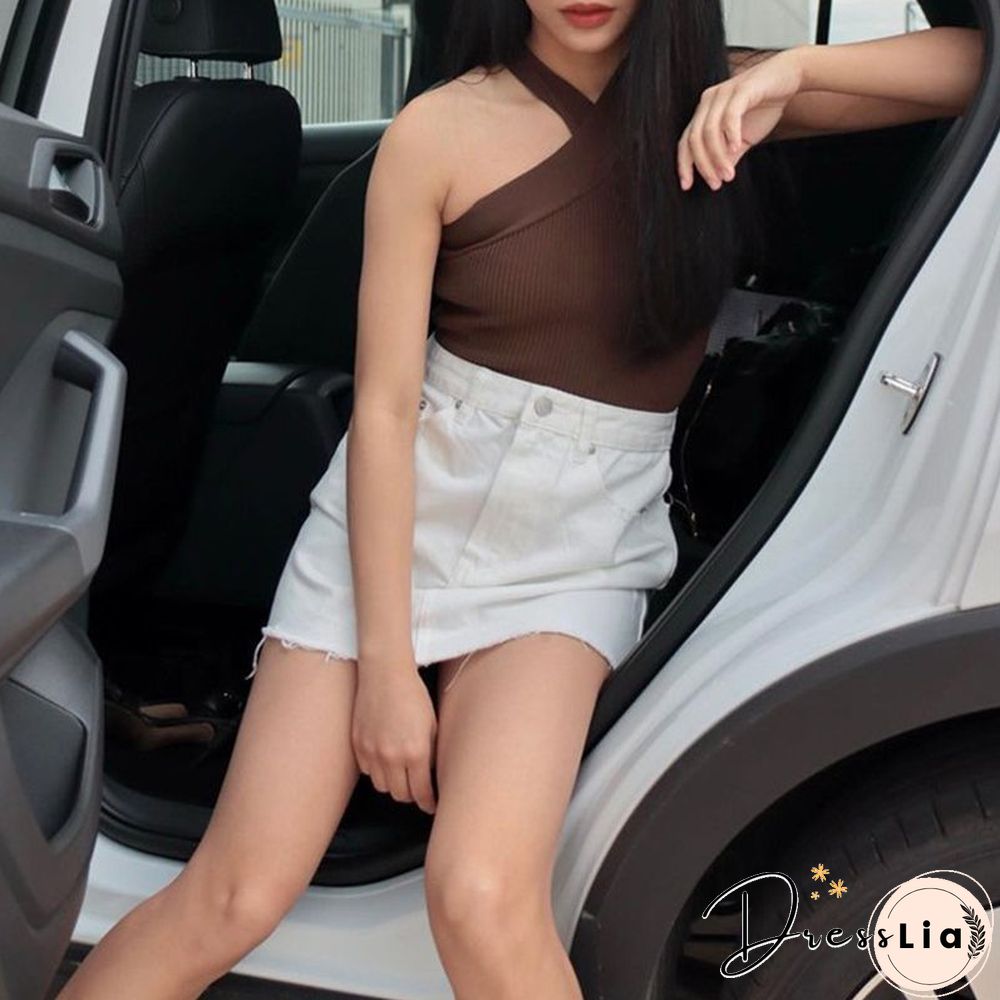 Crinkle Wide Ribbed Rib Criss Cross Halter Crop Top