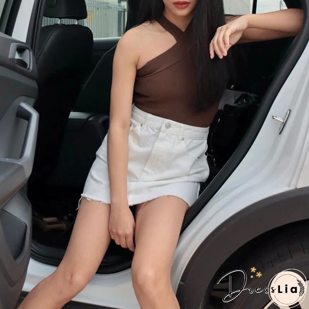 Crinkle Wide Ribbed Rib Criss Cross Halter Crop Top