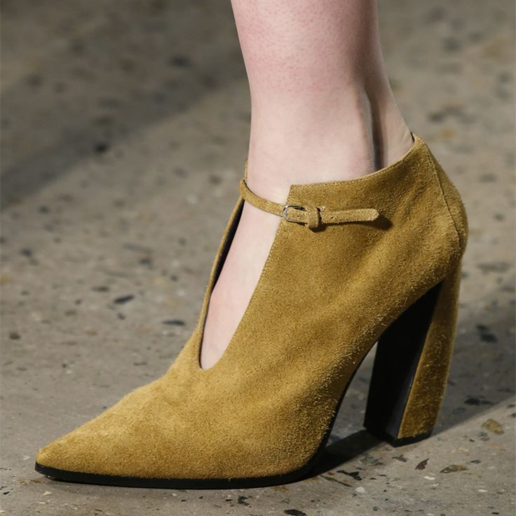 Dark Mustard Vintage Shoes Pointy Toe Chunky Heel Suede Ankle Boots |FSJ Shoes