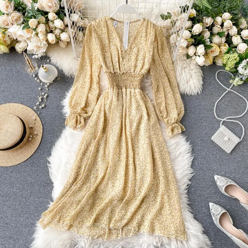 Floral elegant Women Dress Vintage Long sleeve V-neck Print Chiffon Dresses 2020 Spring summer Elastic waist Long Dress Vestidos