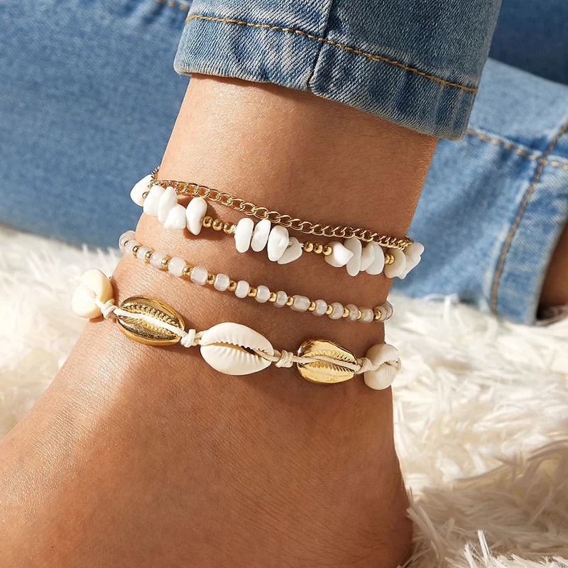 Small Gravel Beach Shell Rice Bead Woven Anklet