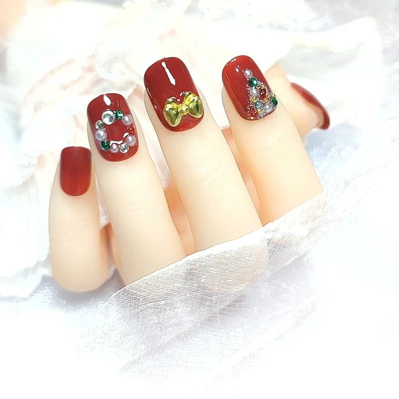 24 Pcs Nude Color nail tips Women Wearable  Fake press on Nails with Diamond Short Round Full Cover artificial nails with Glue-Nail Inspo